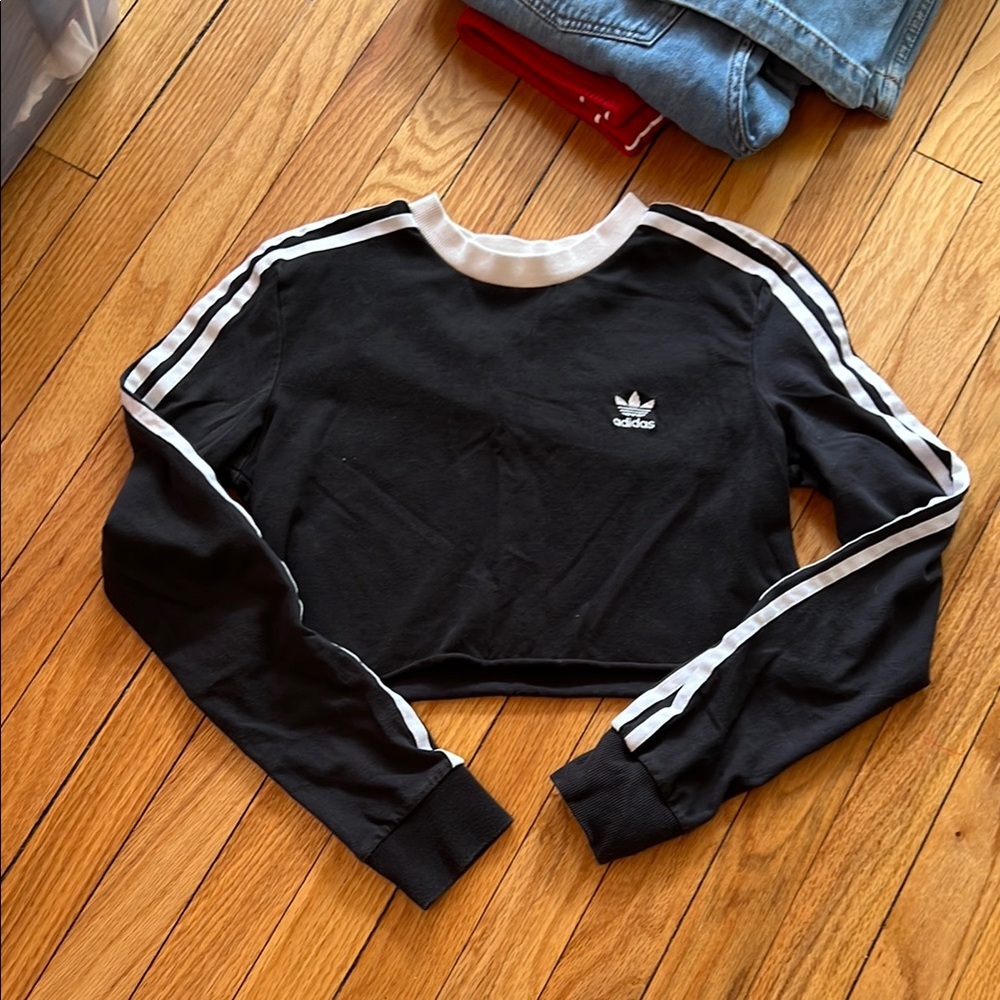 Adidas Black and White Striped Crop Top